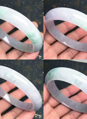 缅甸冰飘花翡翠手镯 冰飘绿色飘花手镯 淡紫玉手环