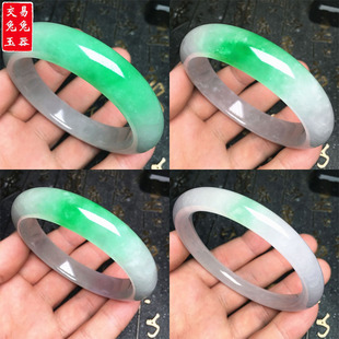 缅甸冰阳绿翡翠飘花宽版玉手镯 辣色阳绿玉镯 冰飘绿圆条手环