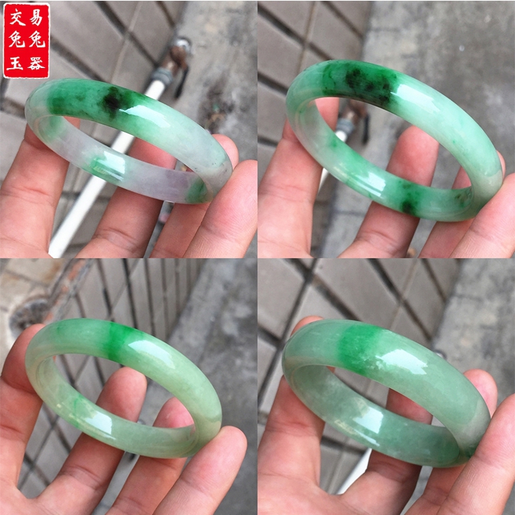 缅甸飘花辣色翡翠宽版冰绿手镯