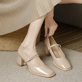 新款 法式 2024秋季 裸色羊皮方头一字带粗跟中跟高跟鞋 女玛丽珍单鞋