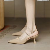 伴娘一字带配裙子单鞋 裸色包头高跟凉鞋 女细跟尖头2026年春夏新款