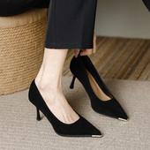 羊皮黑色尖头细跟3cm浅口中跟5厘米高跟女7春秋工作职业面试单鞋