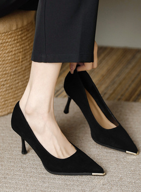 羊皮黑色尖头细跟3cm浅口中跟5厘米高跟女7春秋工作职业面试单鞋