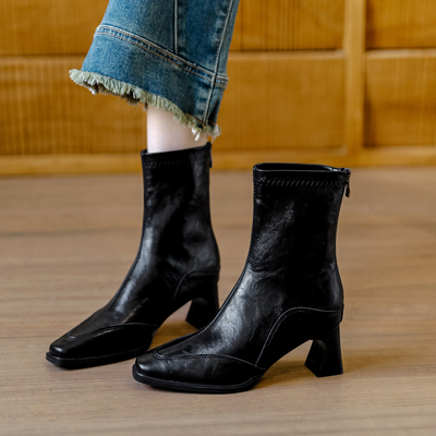 真皮黑色粗跟高跟短靴女瘦瘦靴