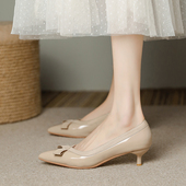 2025春秋新款 裸色高跟鞋 女细跟尖头蝴蝶结3cm小跟单鞋 浅口配裙子