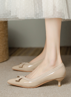 裸色高跟鞋女细跟尖头蝴蝶结3cm小跟单鞋2025春秋新款浅口配裙子
