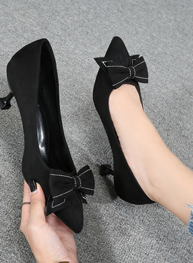 单鞋女2025春季新款小高跟细跟低跟3cm猫跟5cm尖头蝴蝶结OL工作鞋