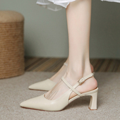法式 一字带高跟鞋 米白色粗跟包头尖头凉鞋 伴娘软皮单鞋 女春夏新款