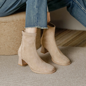 法式 裸色绒面粗跟方头短靴女中跟高跟鞋 5公分7cm秋冬加绒单瘦瘦靴