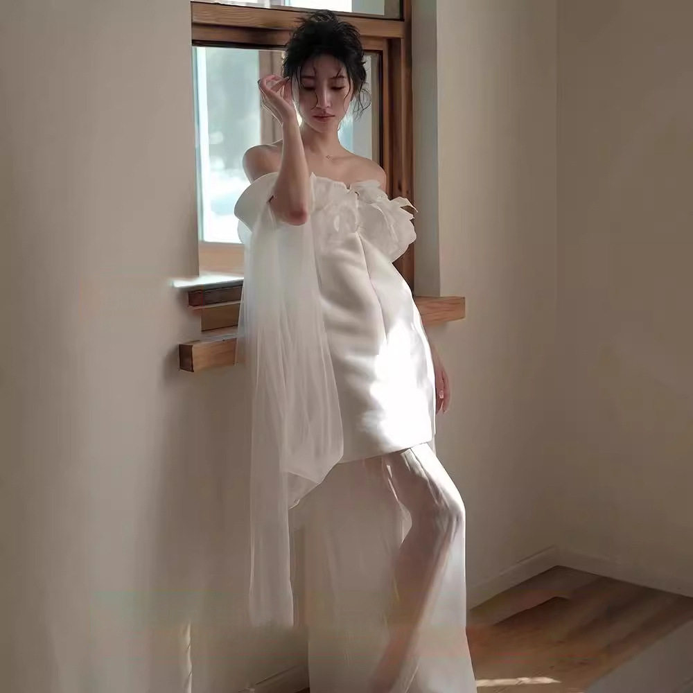 法式新娘晨袍抹胸婚纱白色气质出门纱小个子短款礼服超仙女绝美
