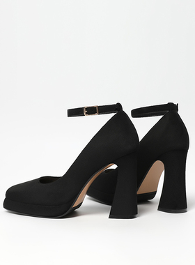 【跟高10CM】黑色高跟鞋2025新款绒面防水台厚底单鞋粗跟玛丽珍鞋