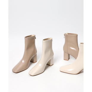 伊霏2024秋冬法式 配大衣方头粗跟短靴女春秋单靴中筒高跟瘦瘦靴子