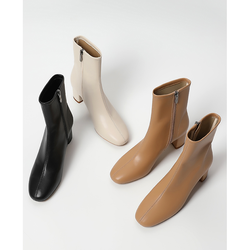 伊霏网红同款爆款靴子2024冬季裸色侧拉链中跟5cm韩系瘦瘦靴短靴