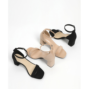 【跟高5CM/7CM】高跟露趾凉鞋女夏季新款百搭绒面一字扣粗跟女鞋