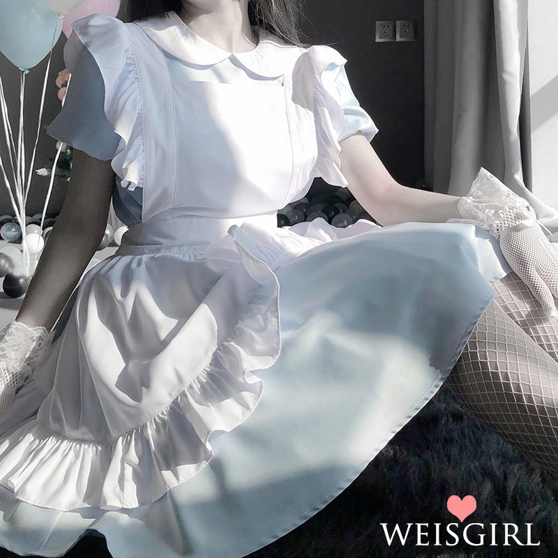 FRESH POWDER BLUE MAID UNIFORM SEDUCTIVE CUTE LITTLE FAIRY DRESS SUMMER COS MAID STUDENT SET