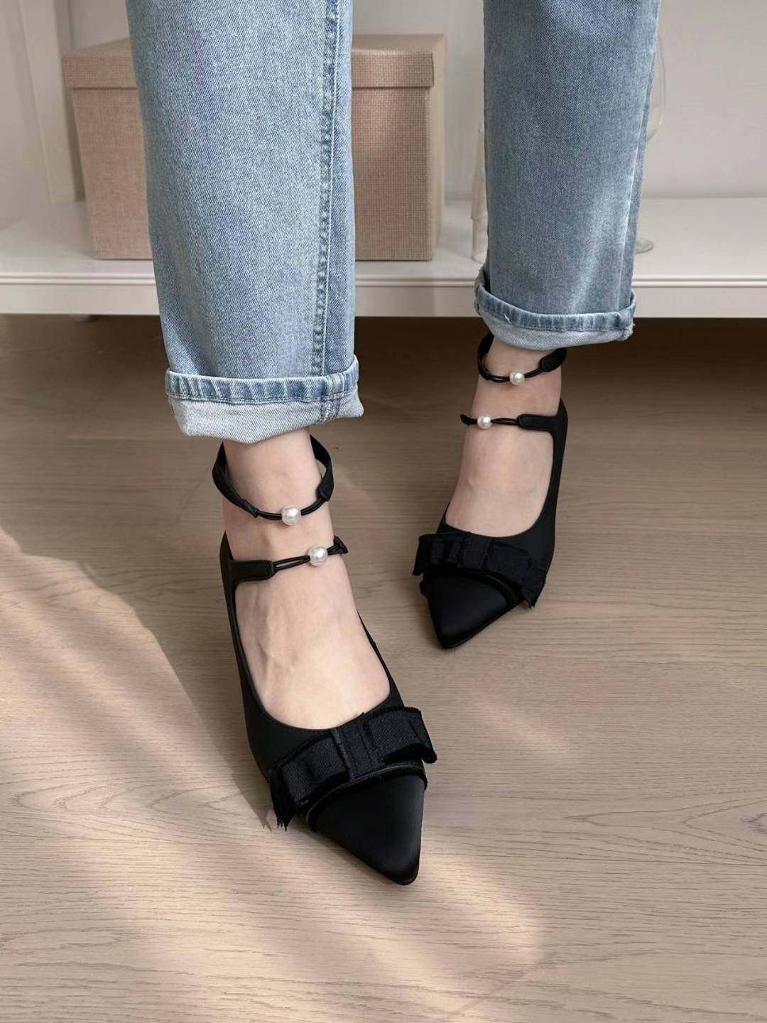 2025春夏新款温柔优雅绸缎猫跟珍珠装饰蝴蝶结尖头玛丽珍鞋女,女鞋,浅口单鞋,淘宝优惠券,粉丝福利购,淘宝优惠卷