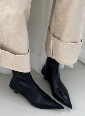 衣玲东大门女鞋及踝显瘦气质名媛尖头鞋细跟低跟侧拉链短靴女