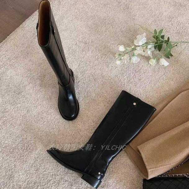 韩国大筒围宽松圆头骑士靴女黑色高筒长靴气质百搭低跟靴,女鞋,时装靴,淘宝优惠券,粉丝福利购,淘宝优惠卷