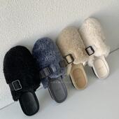 韩国东大门女鞋 女 皮带扣毛绒外穿休闲包头拖鞋