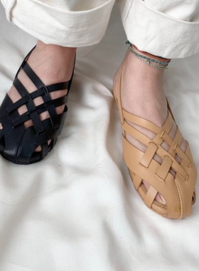东大门ins减龄复古罗马风包头松紧带套脚韩版平底凉鞋女潮流