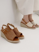 韩国东大门女鞋 女 ins复古皮带扣亚麻编织镂空坡跟凉鞋 夏季 新款