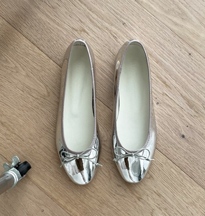 衣玲女鞋小红书镜面小银鞋蝴蝶结芭蕾舞鞋平底鞋镂空银色单鞋