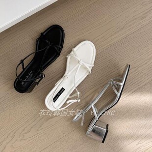 衣玲韩国女鞋粗跟细带凉鞋女夏季中跟露趾银色