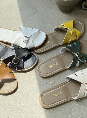 衣玲女鞋甜美舒适皮带扣露趾平底外穿凉拖鞋女懒人纯色百搭沙滩鞋