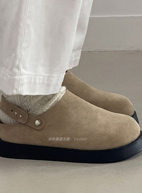 衣玲韩国女鞋皮带扣休闲厚底增高包头半拖鞋学院机能工装风