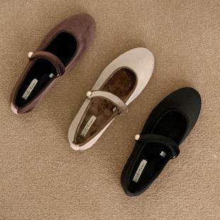 韩国东大门代购 女 一字带丝绒加绒浅口圆头平底单鞋