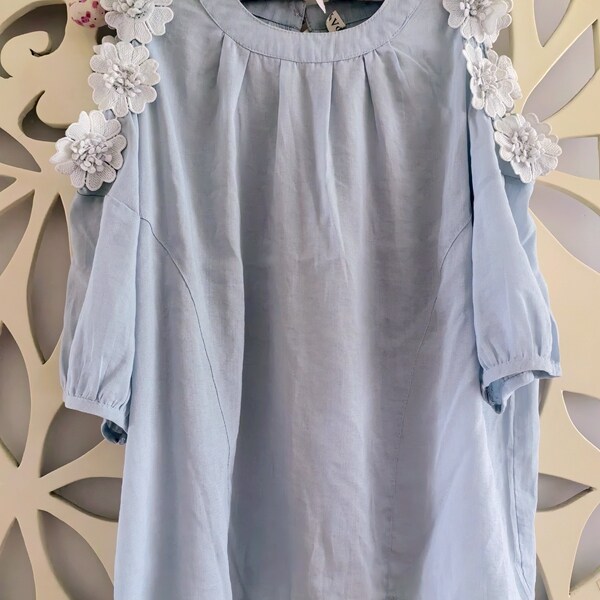 出口余单减龄露肩贴花小码短袖上衣淡水蓝M白色镂空小衫