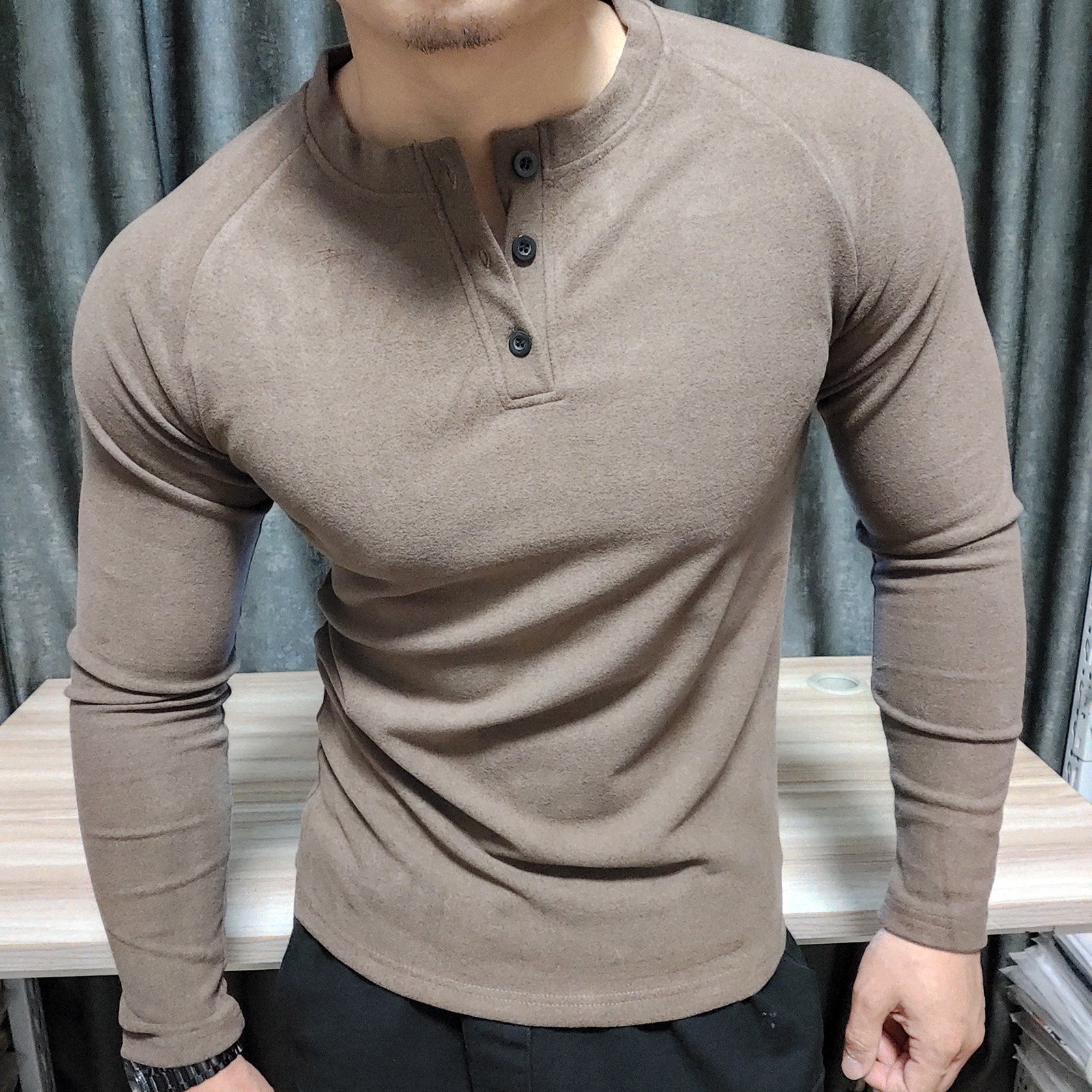 秋冬季男士亨利衫抓绒打底