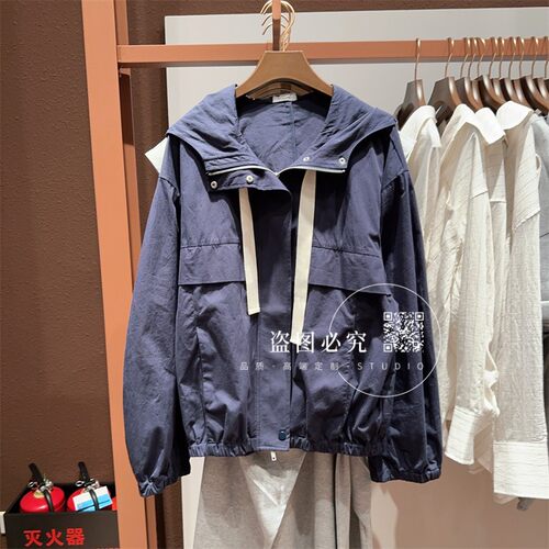 UR UX女装2025秋季新款时尚潮流休闲连帽撞色抽绳拉链棉质外套