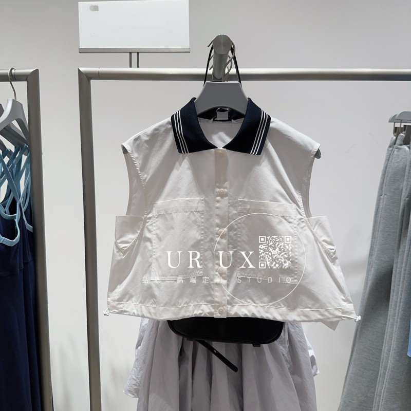 UR UX女装2025春季新款小个子时尚休闲撞色抽绳无袖开襟衬衫女ins