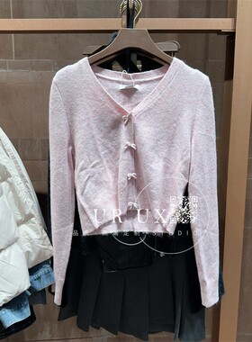 UR UX女装2024冬季新款BM时尚百搭甜美气质V领蝴蝶结针织开衫ins