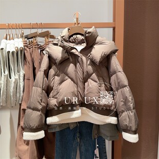 UR UX女装2024冬季新款时尚百搭潮流拼接宽松连帽保暖羽绒服外套