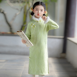 亲子旗袍母女冬装2025新款女童新年装中式国风儿童唐装连衣裙绿色