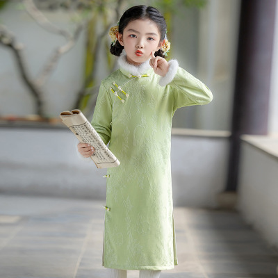 亲子旗袍母女冬装2025新款女童新年装中式国风儿童唐装连衣裙绿色