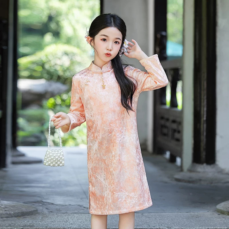 新中式唐装儿童旗袍秋季长袖女童复古文艺国风连衣裙小女孩演出服