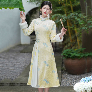 成人唐装显瘦奥黛连衣裙丝绒中式旗袍冬季年轻款显瘦高档日常可穿