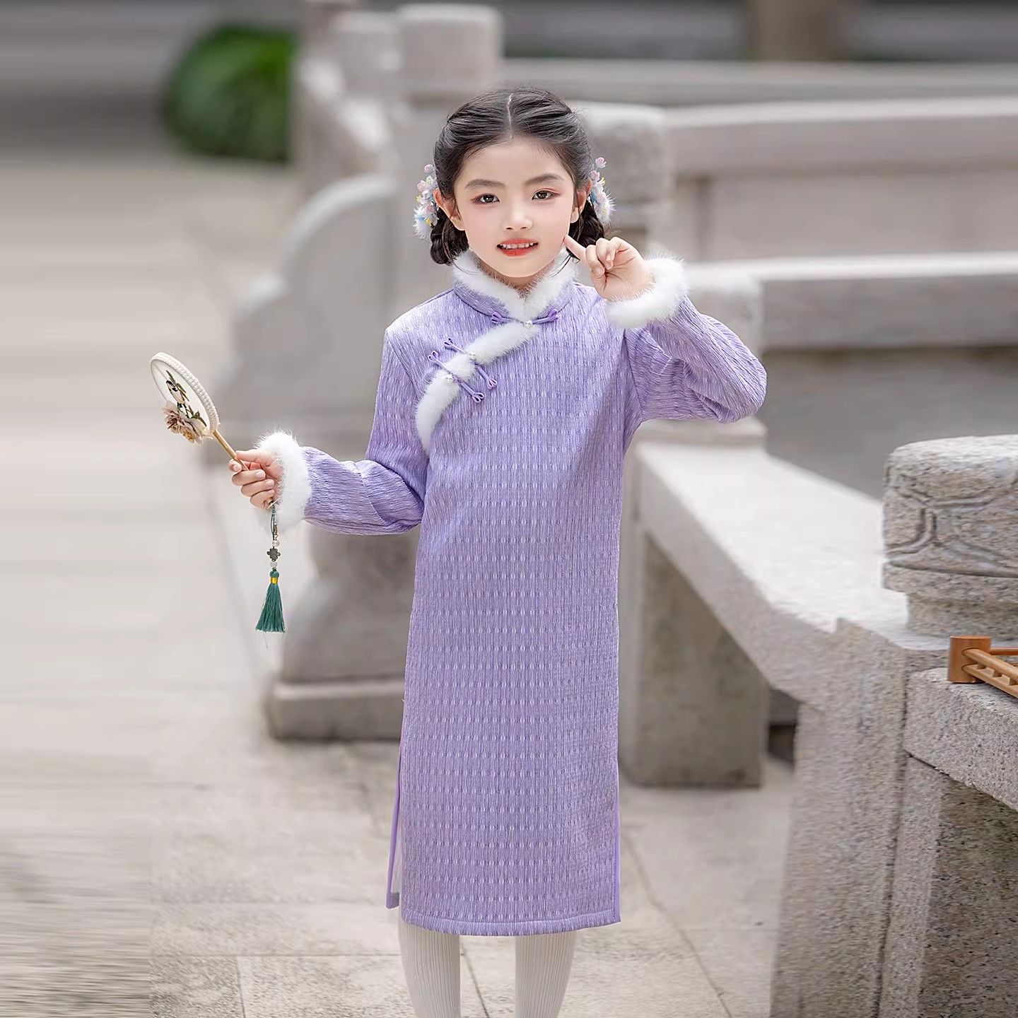 女童旗袍中国风冬装加厚儿童唐装新中式连衣裙学生古筝演出服紫色