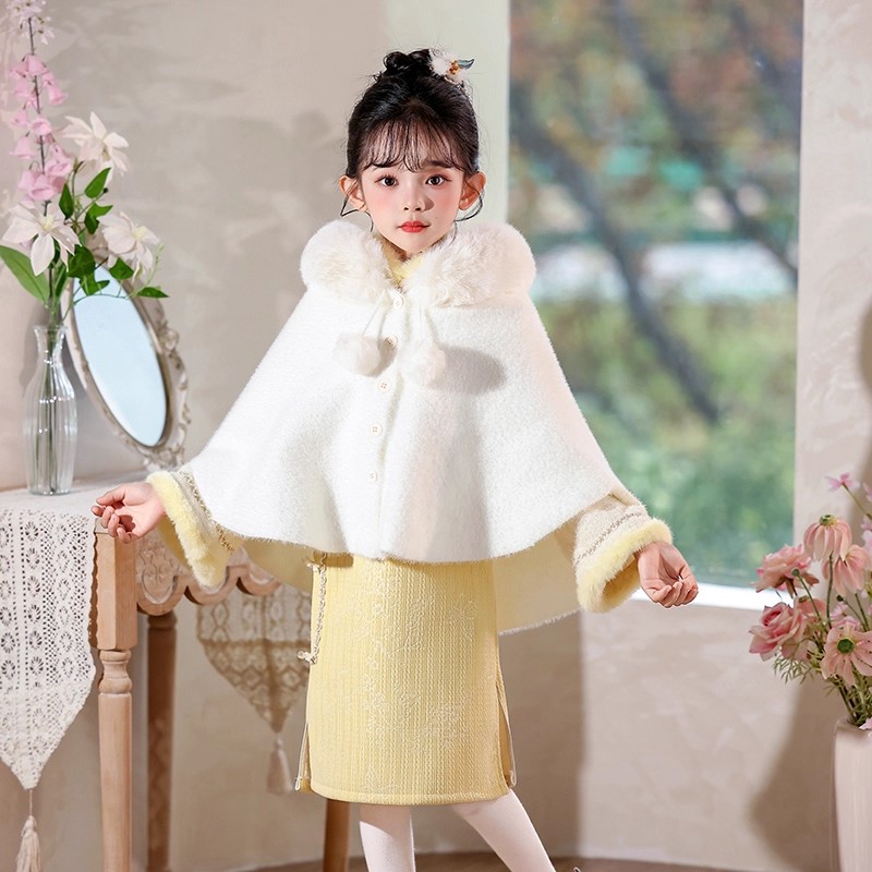 女童旗袍连衣裙加绒披肩2025冬季新款民国风唐装斗篷新中式拜年服