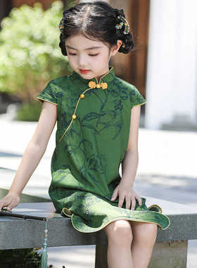 女童旗袍夏季新款民国风儿童汉服薄款唐装连衣裙中式唐装绿色送考