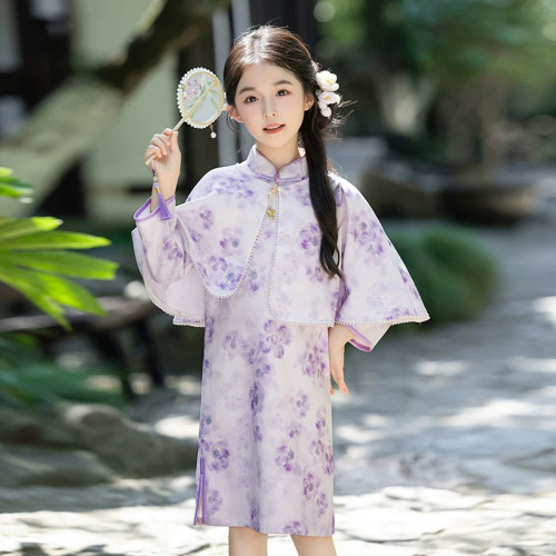 儿童旗袍秋季2026新款女童唐装连衣裙新中式复古礼服民国披肩套装