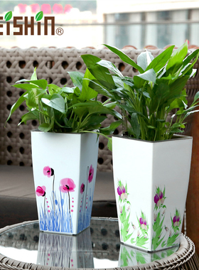 诚信SEISHIN桌面花园Ⅳ印花迷你方柱自动浇灌花盆 懒人自浇灌吸水