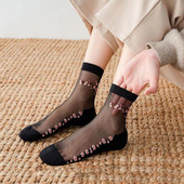 棉底水晶丝短袜女新款 加肥奢华提花中筒袜不臭脚四季 款 大码 6双装