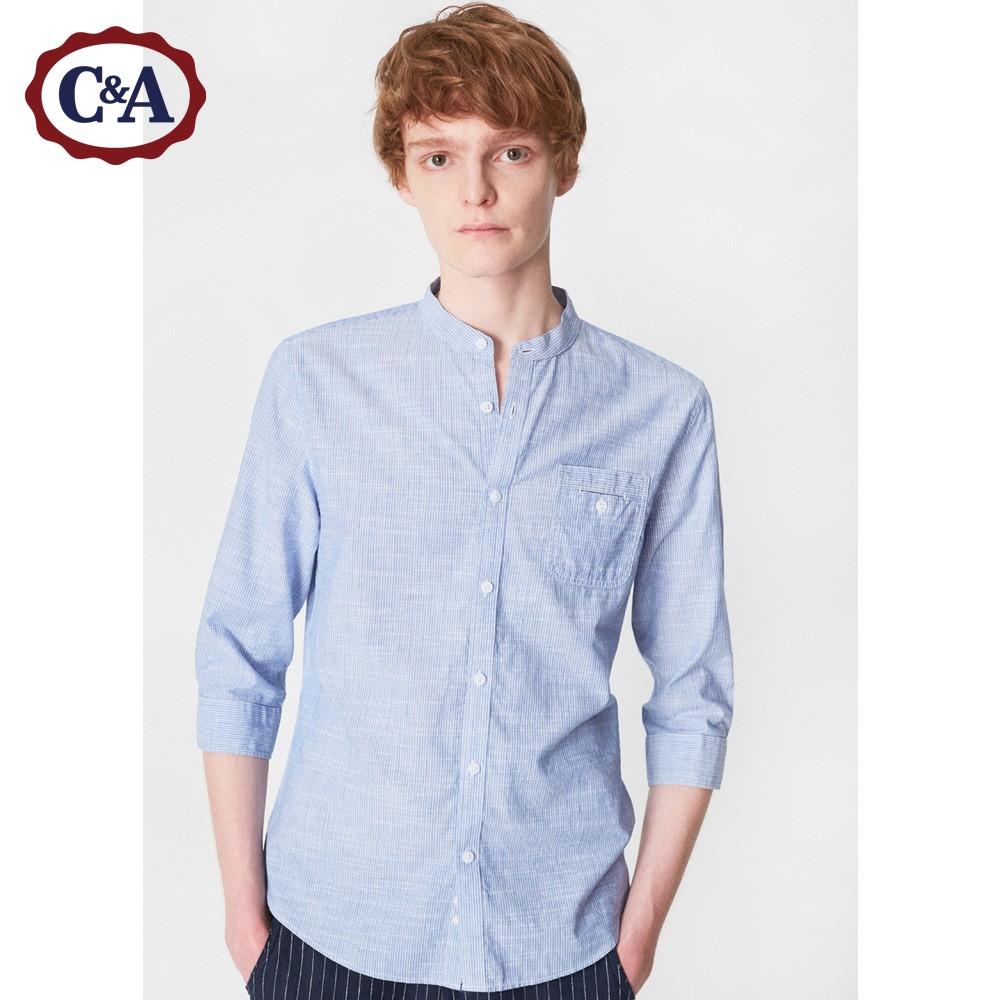 C & A của Nam Giới Màu Rắn Đơn Giản Giản Dị Cắt Tay Áo Sơ Mi Mùa Hè Bông Đứng Cổ Áo Sơ Mi CA200207178-BD áo sơ mi trung niên