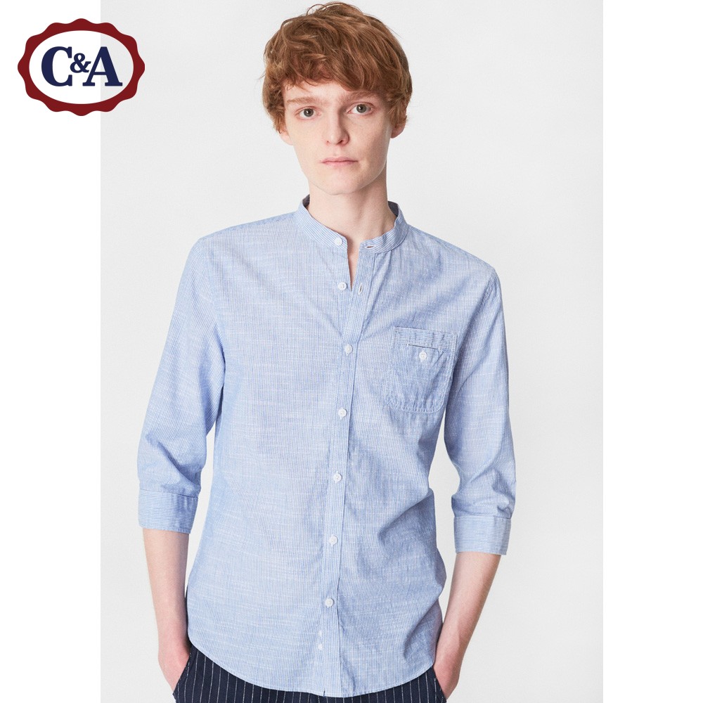 C & A của Nam Giới Màu Rắn Đơn Giản Casual Cắt Tay Áo Mùa Hè Cotton Đứng Cổ Áo Sơ Mi CA200207178-P0