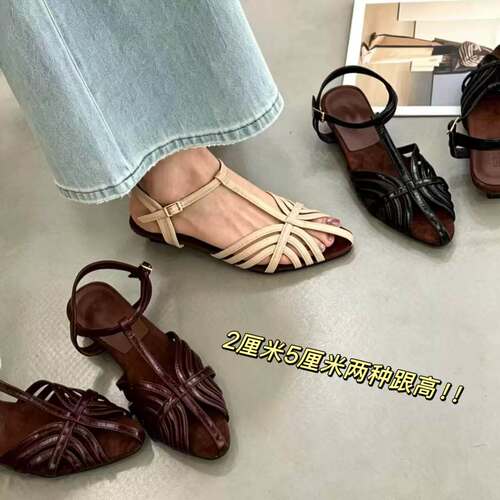法式镂空包头低跟罗马凉鞋女夏