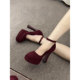 性感百搭超高跟玛丽珍鞋 气质粗跟酒红色一字带防水台高跟鞋 女婚鞋